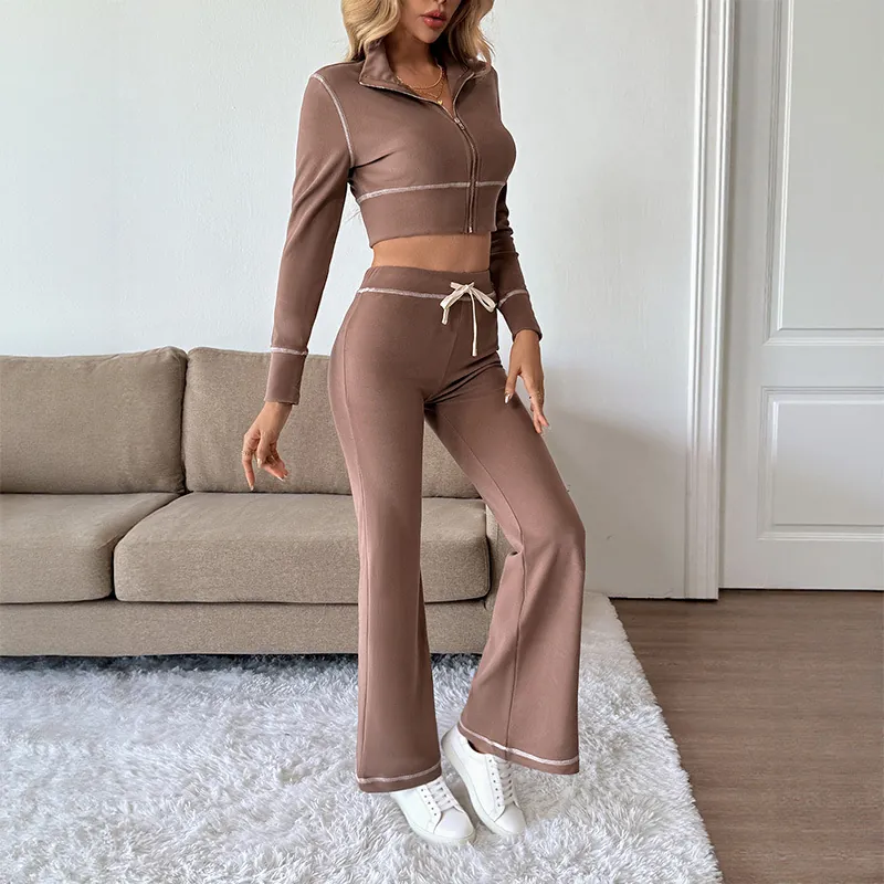 Damen Casual Rippstrick Jacke Und Schlaghose Outfit Kontrastnähte Reißverschluss Crop Top Hohe Taille Hose Lounge Wear