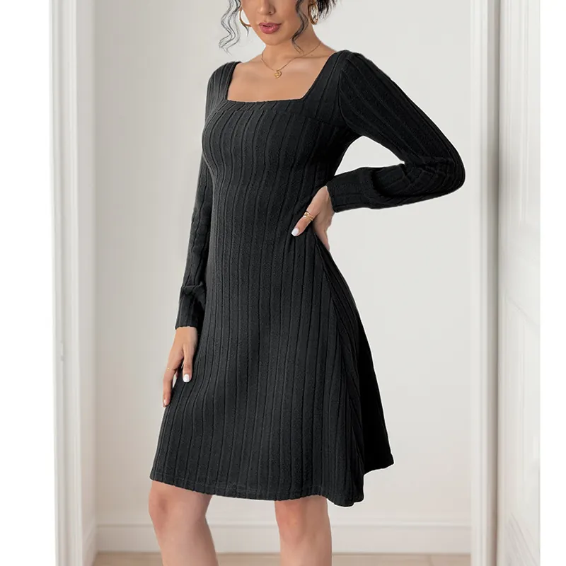 Élégante Robe à Col Carré Dos Nu pour Femme Manches Longues Tricot Nervuré Mini Robe Avec Nœud en Dentelle Sexy Ligne A