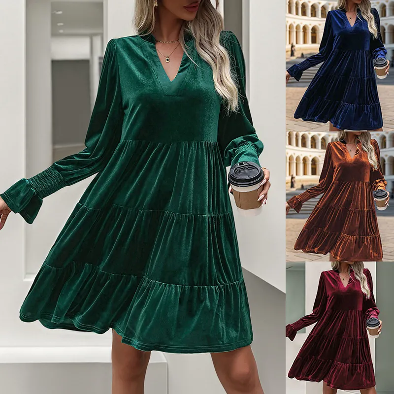 Women Elegant Velvet Tiered Mini Dress V Neck Long Sleeve Smocked Cuffs Solid Color Autumn Winter Casual Party Dress