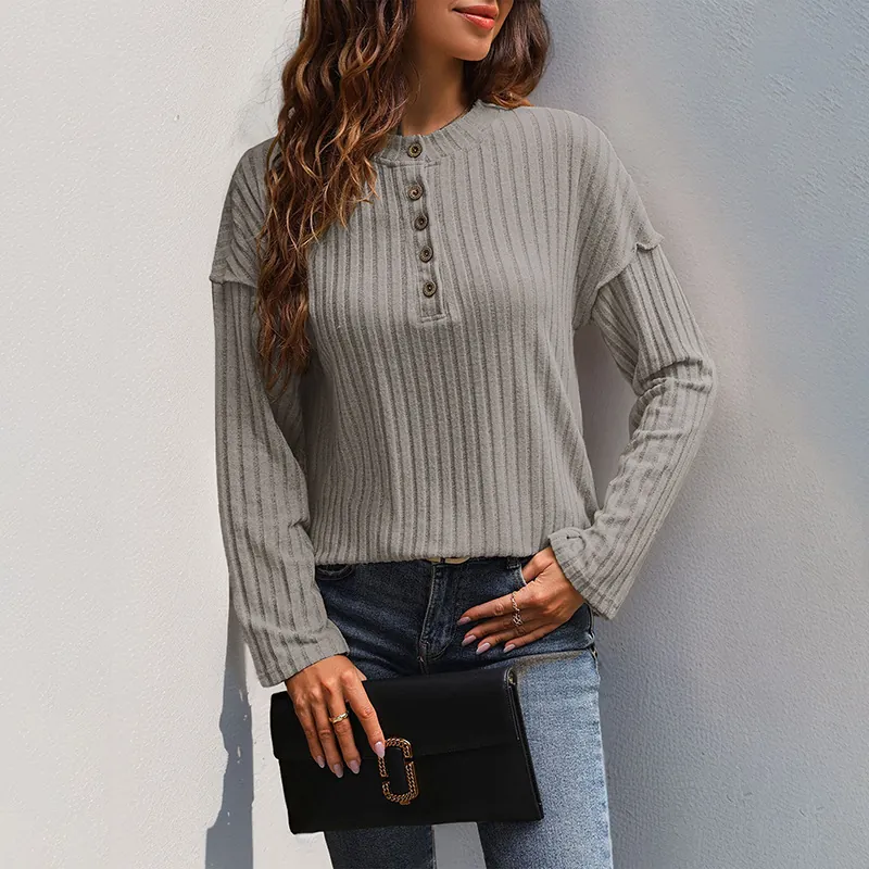 Damen Langarm Henley-Ausschnitt Geripptes Strick T-Shirt Einfarbig Knopfdetail Lässiges Lockeres Basic Tee Herbst Top
