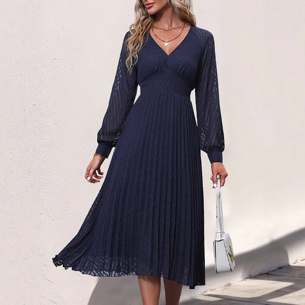 Elegant V-Neck Long Sleeve Pleated Midi Dress For Women High Waist Solid Color Polyester Autumn Fashion Commute Dress