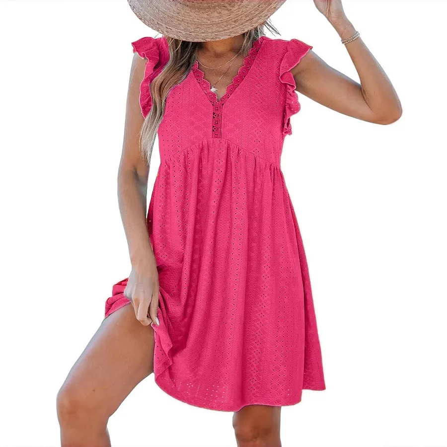 Robe Courte Femme Col en V Dentelle Broderie Anglaise Manches Volantées Été Décontracté Taille Haute Ligne A Vacances Plage