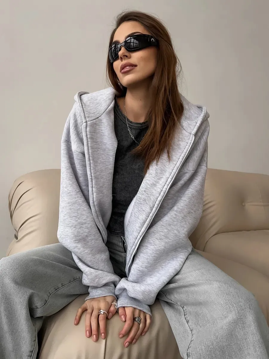 Women Casual Oversized Zipper Hoodie Fleece Lined Long Sleeve Solid Color Sweatshirt Jacket Pockets Winter Warm Hooded Outerwear