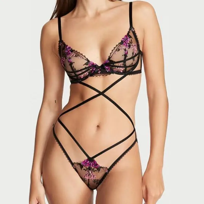 Sexy Floral Embroidery Mesh Lingerie Criss Cross Straps Hollow Out Bra And Thong Women Nightwear Black Lingerie Nightwear