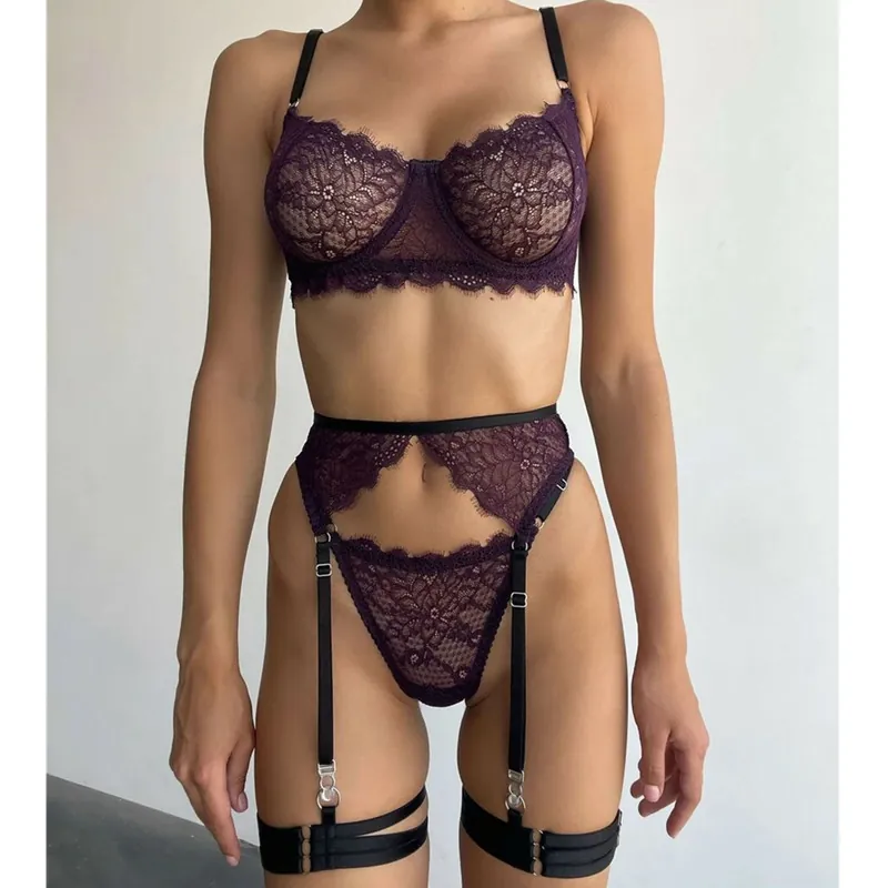 Women Sexy Purple Floral Lace Underwire Bra And Garter Belt And Panties Top And Bottom Lingerie Set Elegant Hollow Out Lingerie