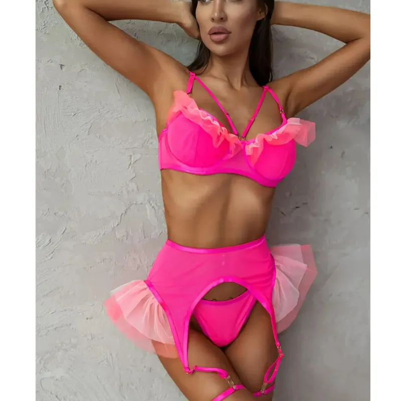 Ensemble Lingerie Sexy Rose Fluo pour Femmes Avec Soutien-gorge Volants Mesh Armatures Porte-jarretelles Et String Séduisant