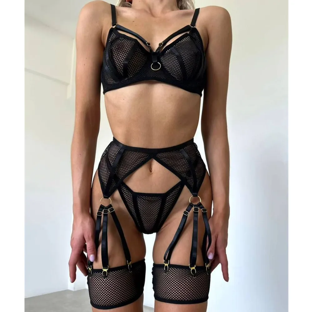 Women Sexy Mesh Hollow Out Lingerie Set With Underwire Top And Bottom Fishnet Bra Garter Thong Leg Rings Valentine's Day Lingerie