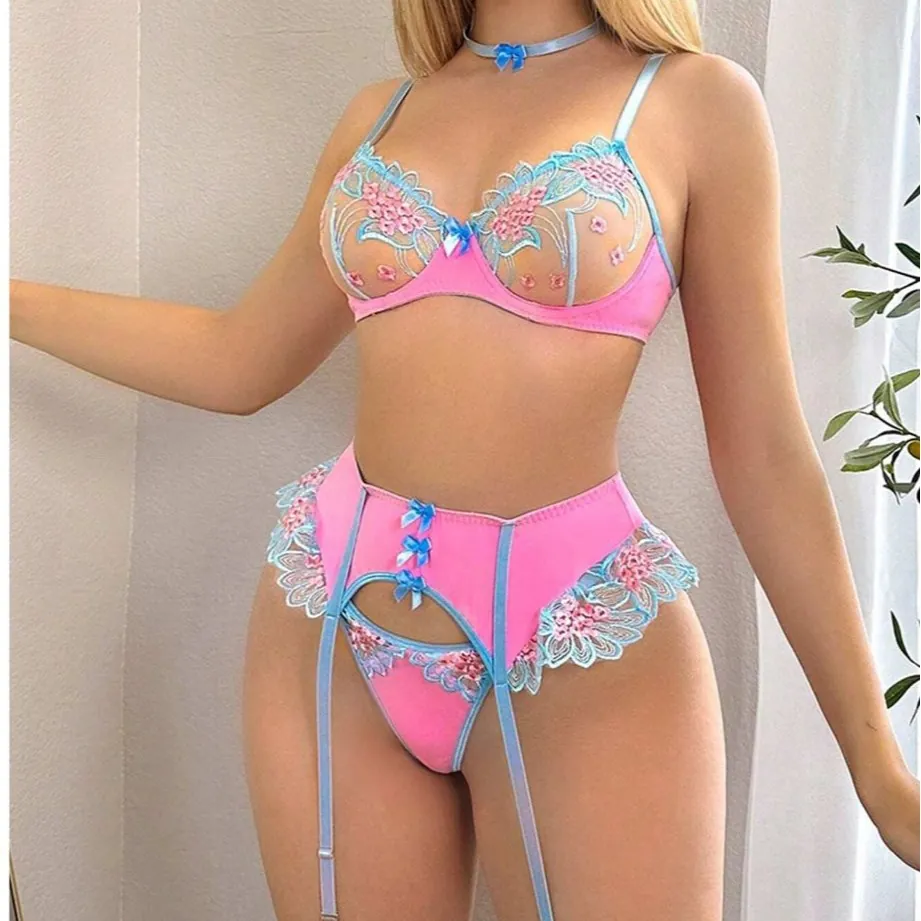 Sexy Embroidery Floral Lace Wired Bra Garter Belt Thong And Choker Contrast Color Women Lingerie Nightwear