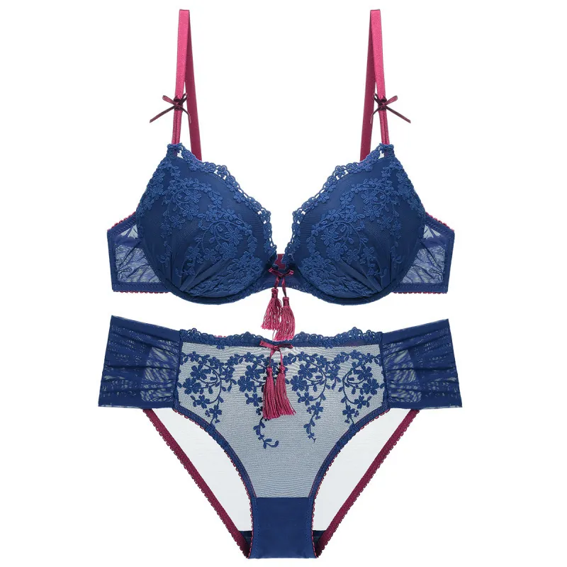 Luxurious Lace Bra And Panty Floral Embroidery Lingerie With Tassel Bow Detail Women High End Deep V Push Up Underwear