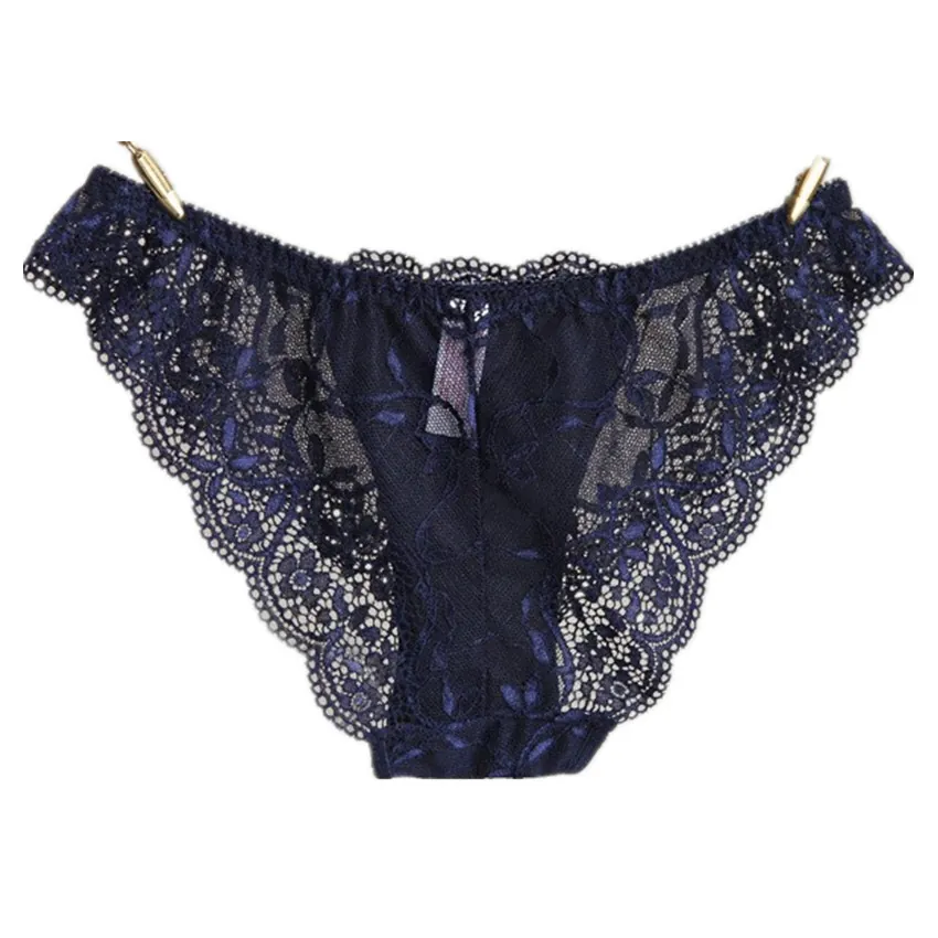 Women Sexy Full Lace Panties Low Waist Semi-Transparent Floral Briefs Breathable Lingerie Underwear With Bow Decor Red Navy