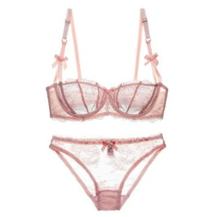 Women Sexy Lace Bra And Panty Floral Embroidery Half Cup Gathering Lingerie With Bowknot Decoration Luxurious Underwear