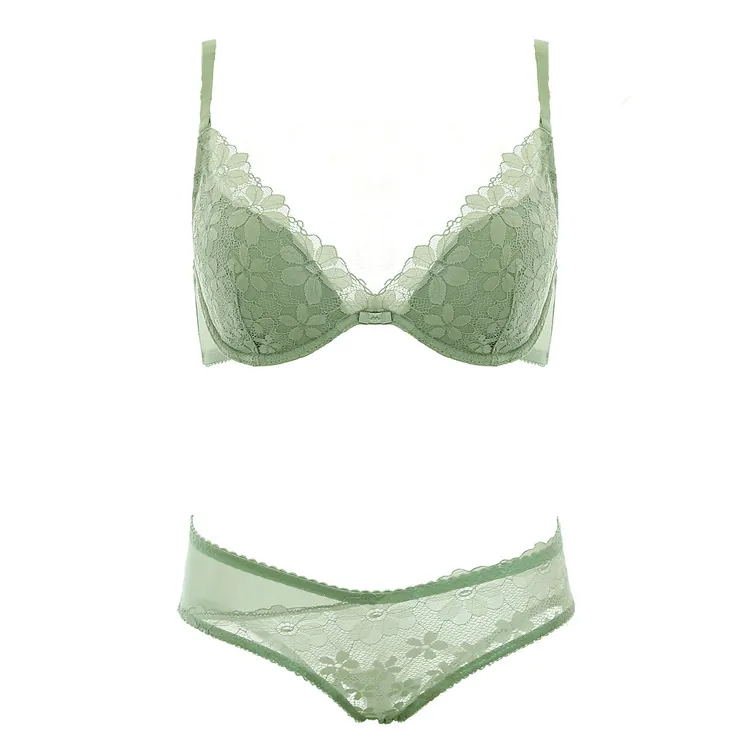 Style Français Sexy Dentelle Broderie Floral Soutien-Gorge À Armatures Et Culotte En Maille Push Up Lingerie Femme