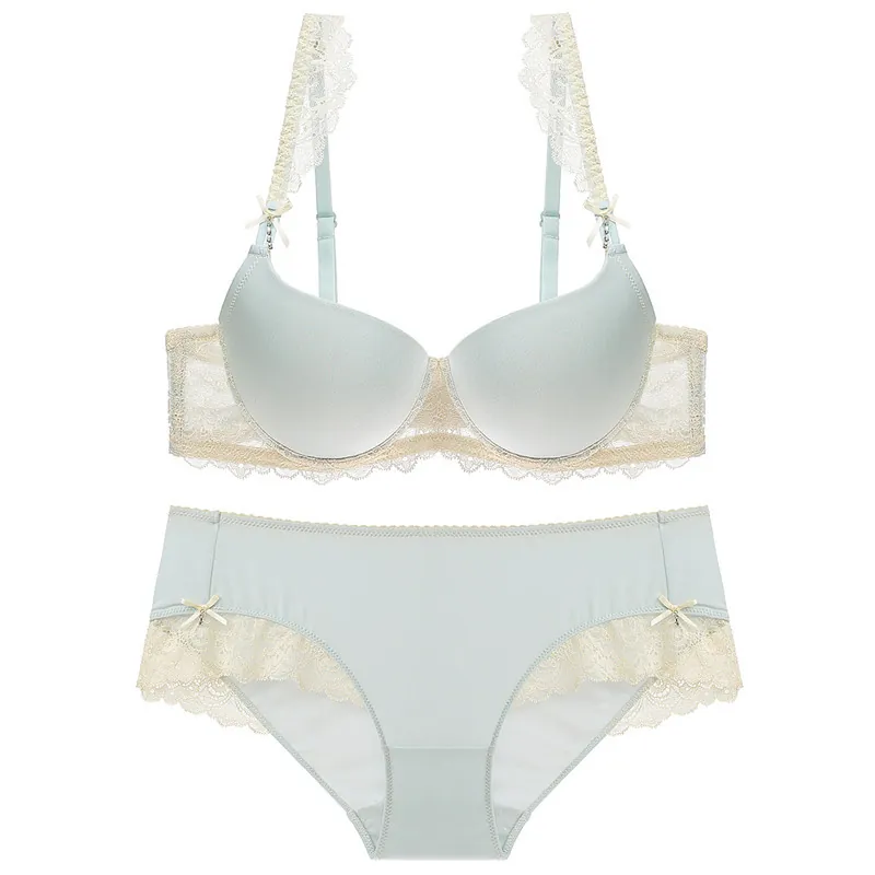 Sweet Lace Push Up Bra And Panty Floral Embroidery Lingerie Underwear For Women Japanese Style Bowknot Comfortable Bra