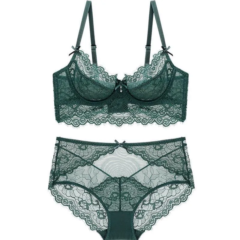 Damen Sexy Spitze BH Und Höschen Florale Stickerei Mesh Lingerie Mit Bügel Dünne Tasse Atmungsaktive Unterwäsche Romantische Nacht