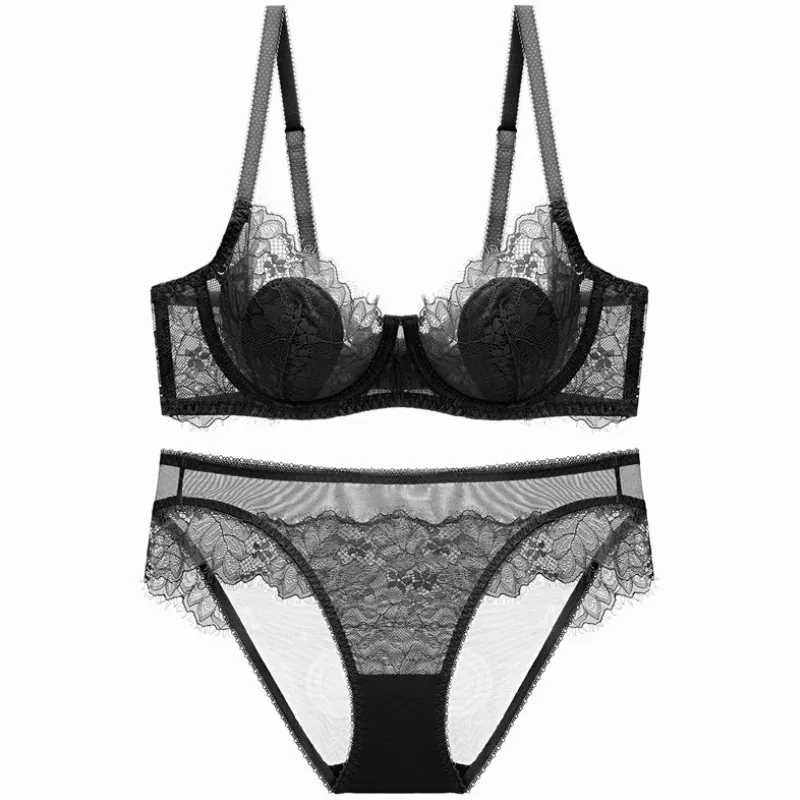 Women Sexy Lace Bra And Panty Nylon Breathable Eyelash Floral Embroidery Underwire Lingerie For Daily Comfortable Underwear