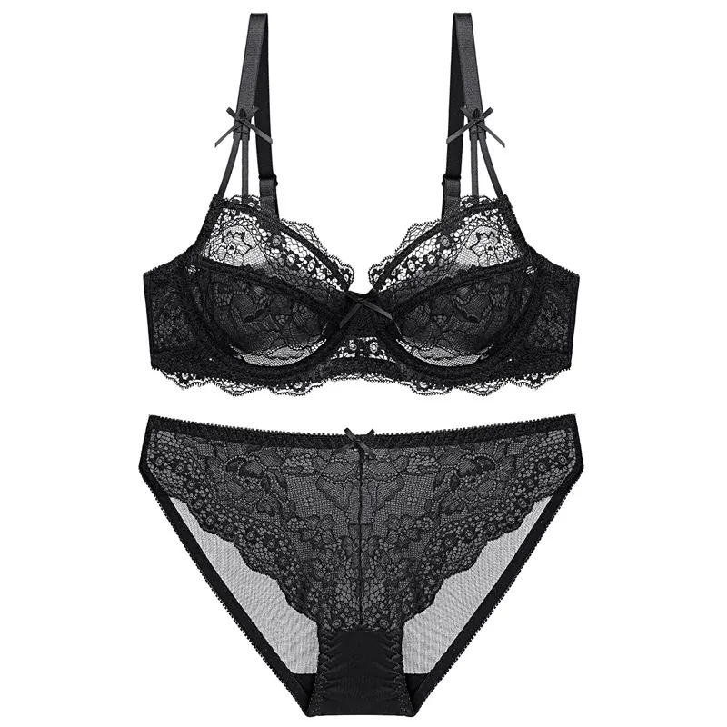 Sexy Ultra-Thin Lace Bra And Panty Set Breathable Mesh Floral Lingerie Set For Women Nylon Polyester Top And Bottom Set