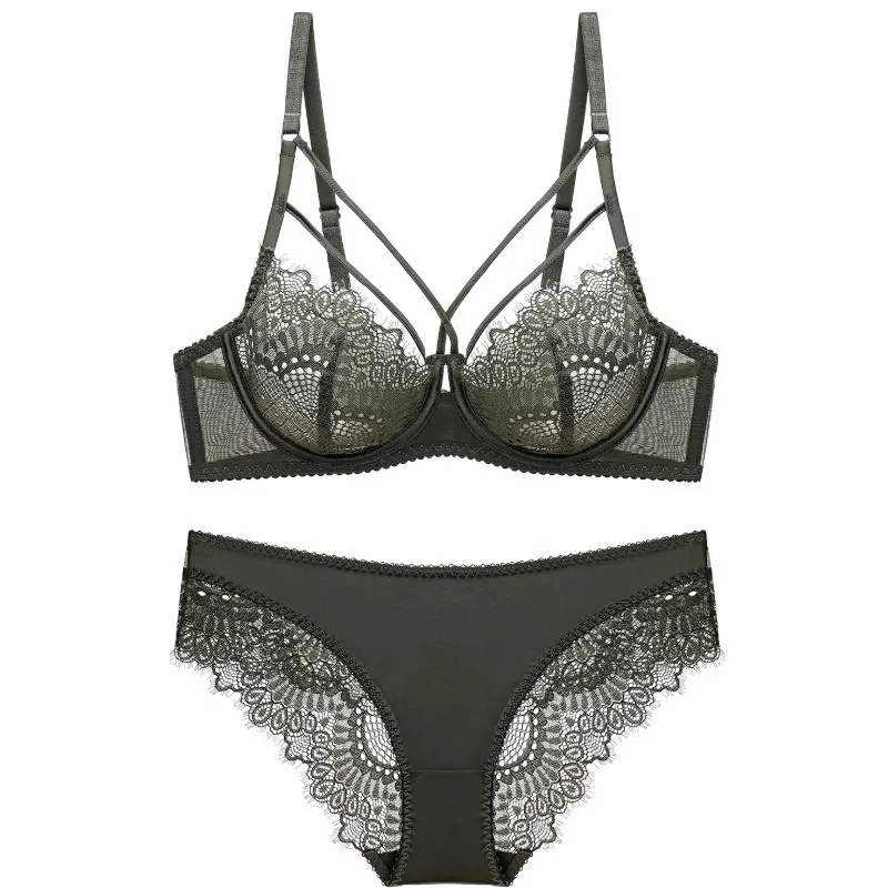 Women Sexy Lace Underwire Push-Up Bra And Bottom Set Ultra-Thin Transparent Floral Embroidery Lingerie For Valentine