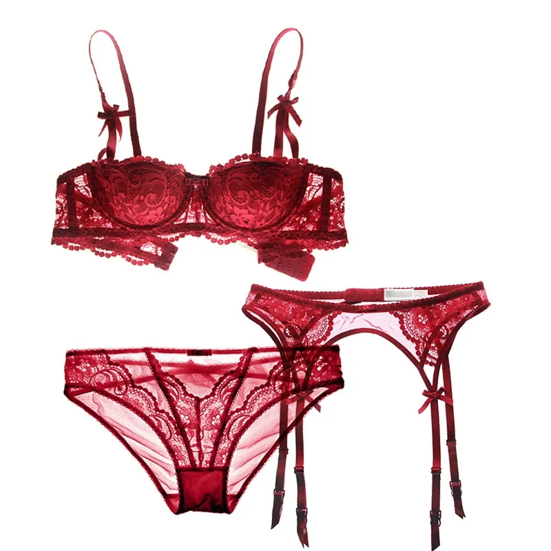 Biancheria Intima Sexy in Pizzo da Donna Con Reggiseno Coppa 3/4 Mutandine E Giarrettiera Elegante Ricamo Floreale Fiocco Per San Valentino