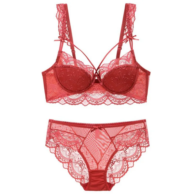 Women Sexy Lace Bra And Panty Set Floral Underwear With Bow Push Up Lingerie Set Mesh Scalloped Trim Top And Bottom