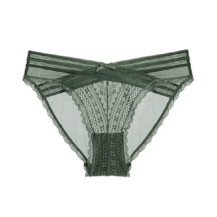 Women Sexy Lace Mesh Panties With Crossover Waist Bow Decor Breathable Cotton Crotch Low Waist Floral Briefs Lingerie