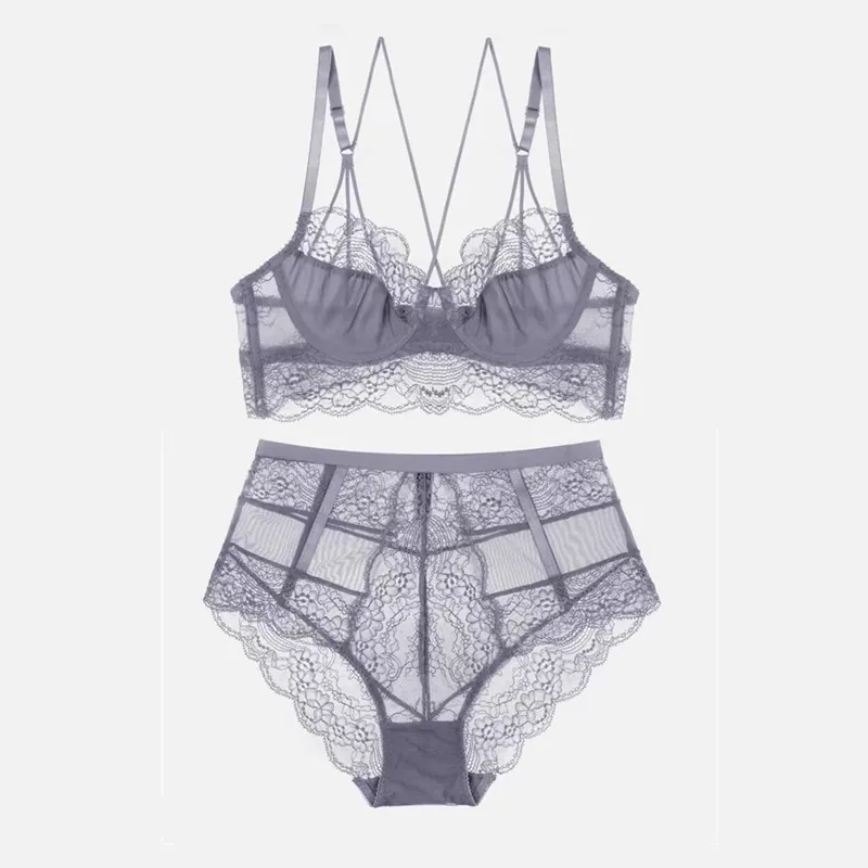 Sexy Lace Bra And Panty Lingerie Women Ultra Thin Breathable Gathered Transparent Floral Embroidery Underwear Coordinate
