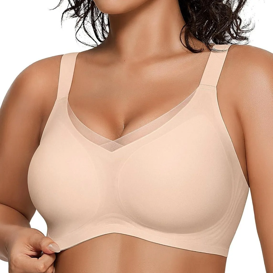 Women Wireless Seamless Bra V Mesh Bralette Wide Straps Full Coverage Support Push Up Large Size Comfort Lingerie Top