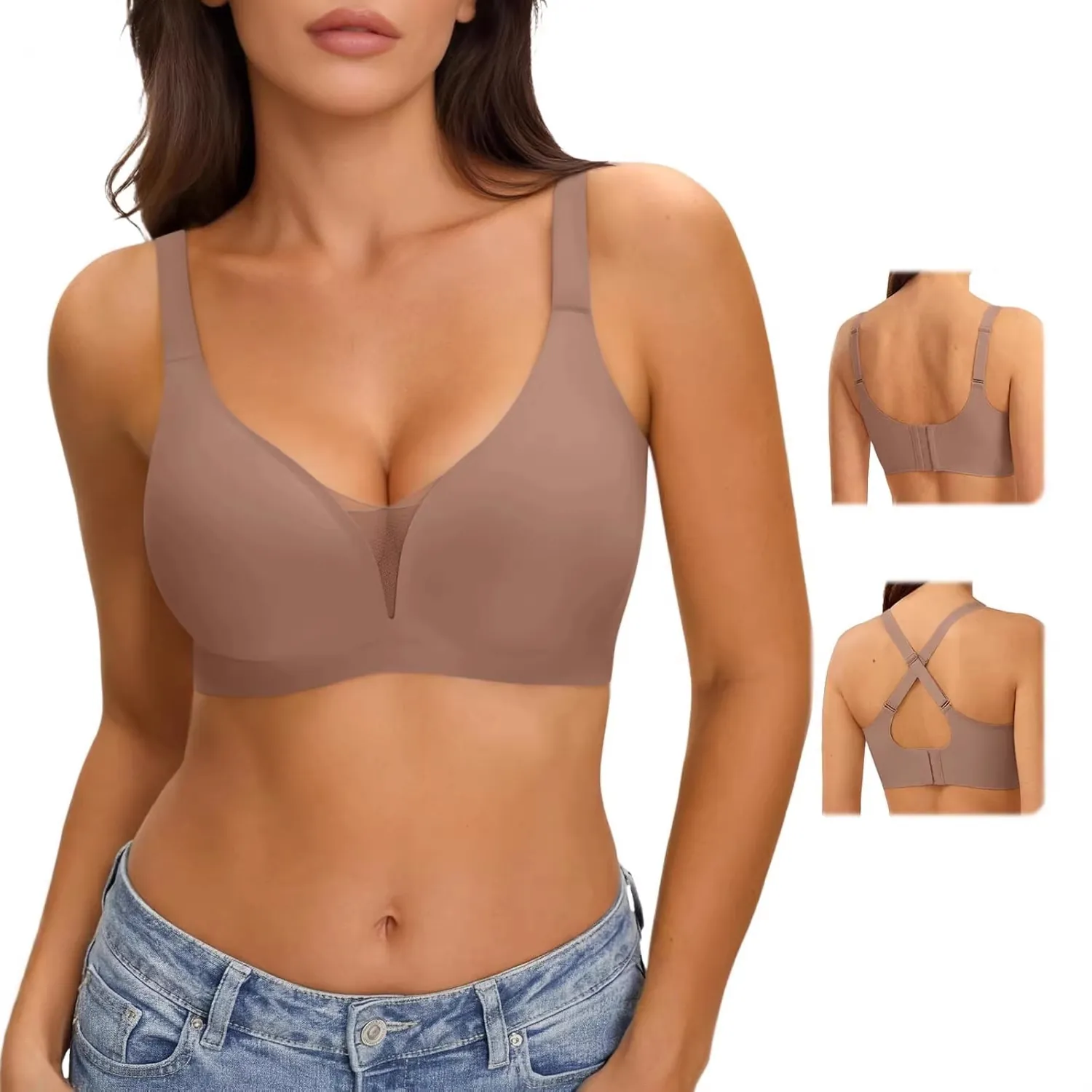 Women Wireless Seamless Jelly Bra Supportive No Underwire V Neck Mesh Patchwork Multiway Adjustable Strap Lingerie Bra