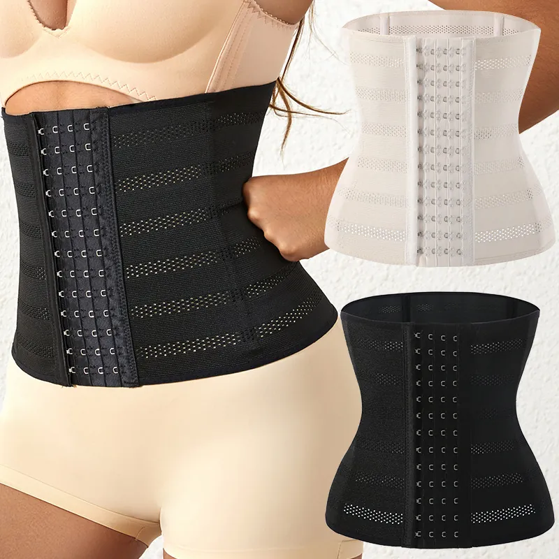 Women Breathable Mesh Tummy Control Belt Waist Trainer Body Shaper With 6 Rows Hooks Memory Steel Bones Back Support Shapewear