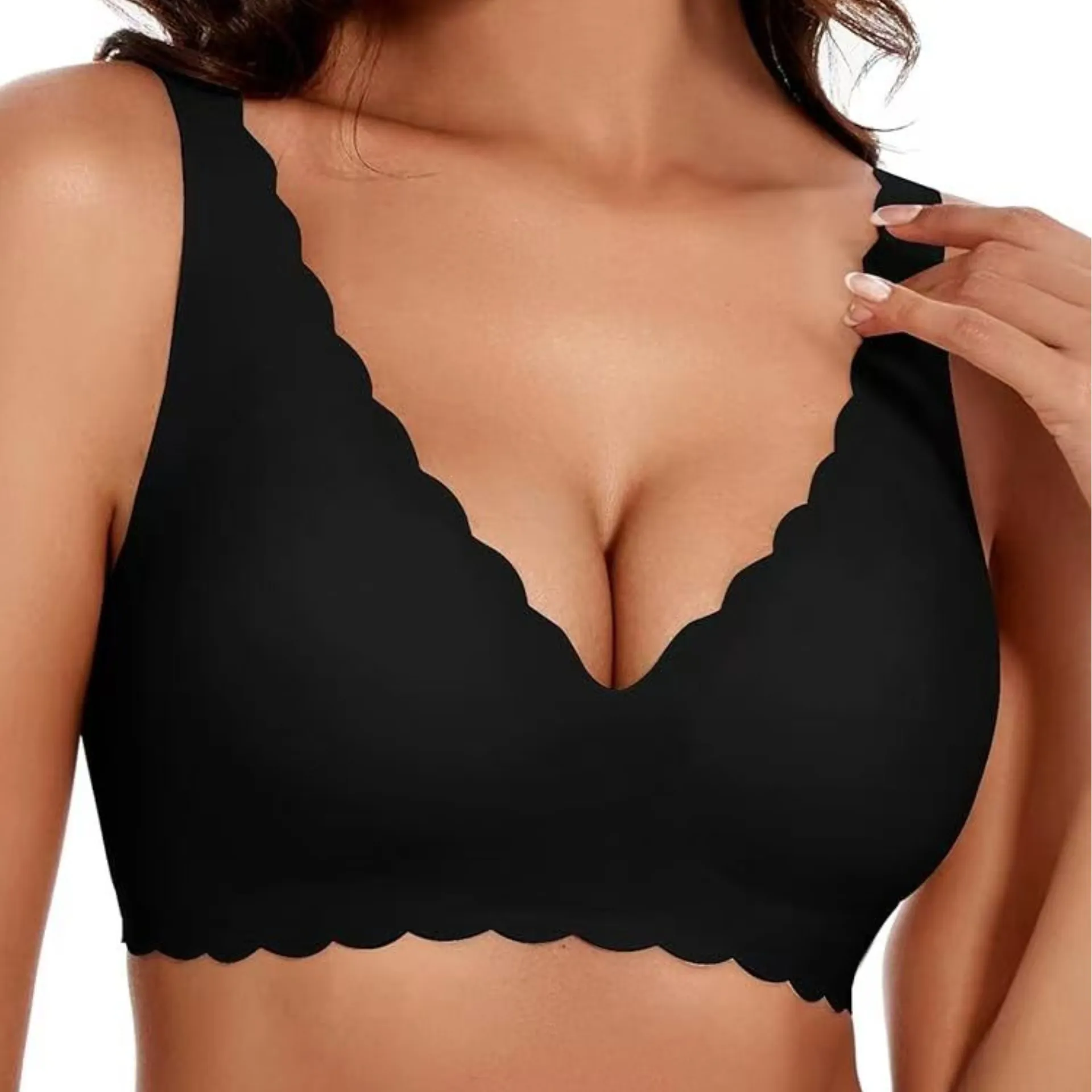 Reggiseno da Donna Senza Cuciture Scollo a V Bordo a Festone Striscia di Gelatina Supporto Morbido Spalline Regolabili Push Up