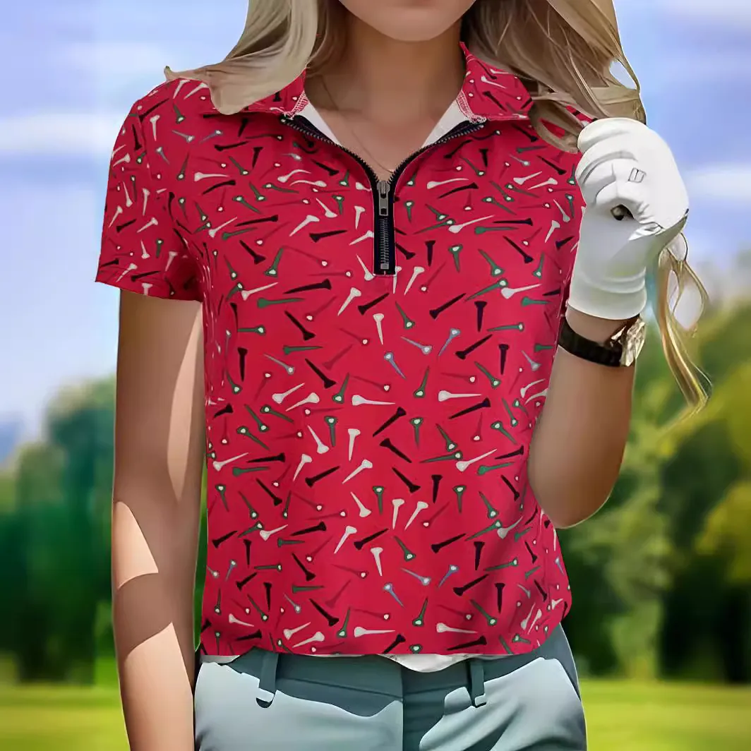Women Fashion Casual Golf Polo Shirt Short Sleeve Zip V-Neck Digital Print Polyester Top For Sport Outdoor Daily