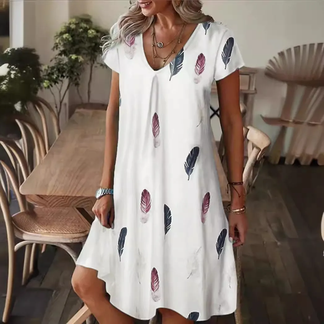 Abito da Donna Casual Taglie Forti Scollo a V Manica Corta Stampato Estivo Largo Linea ad A Lunghezza Midi Fantasia Piume Floreale