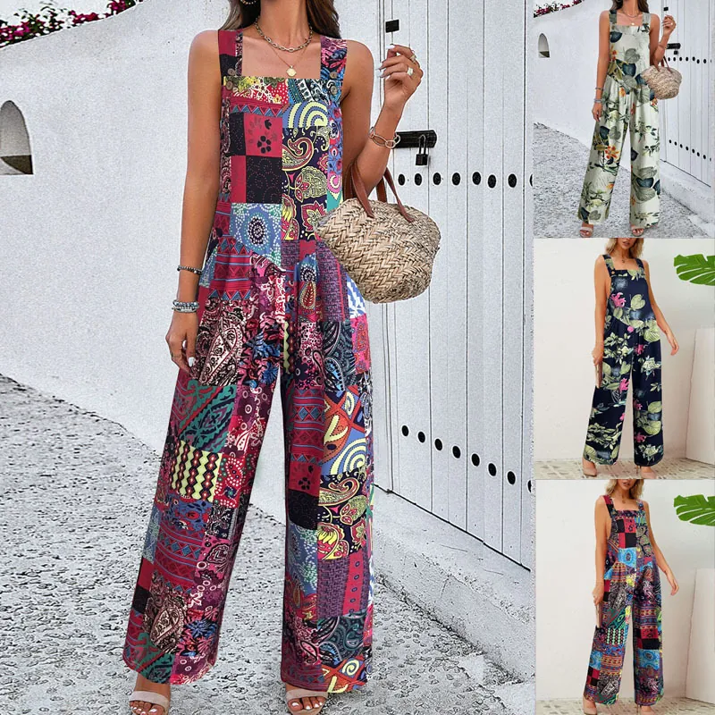 Women Plus Size Jumpsuit Tropical Print Spaghetti Strap Wide Leg Top And Bottom Bohemian Summer Casual Vacation Jumpsuit