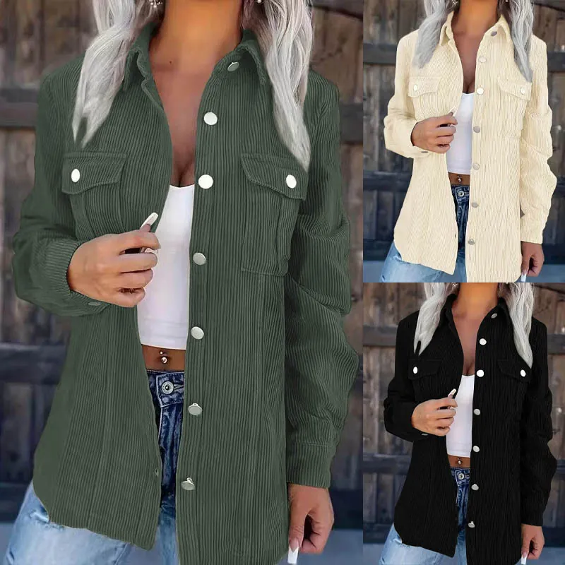 Giacca Camicia in Velluto a Coste da Donna con Bottoni Manica Lunga Revers Casual Tinta Unita Capispalla con Tasche