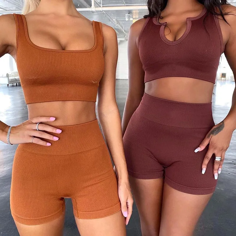 Women Top And Bottom Workout Set Ribbed Polyester Cotton Blend Gym Fitness Yoga Sleeveless Tank Top High Waist Shorts Sporty Summer Outfit