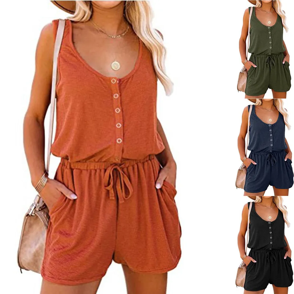 Women Summer Sleeveless Polyester Romper Casual Loose One Piece Short Jumpsuit With Drawstring Waist Buttons Pockets Solid Color Soft Outfit