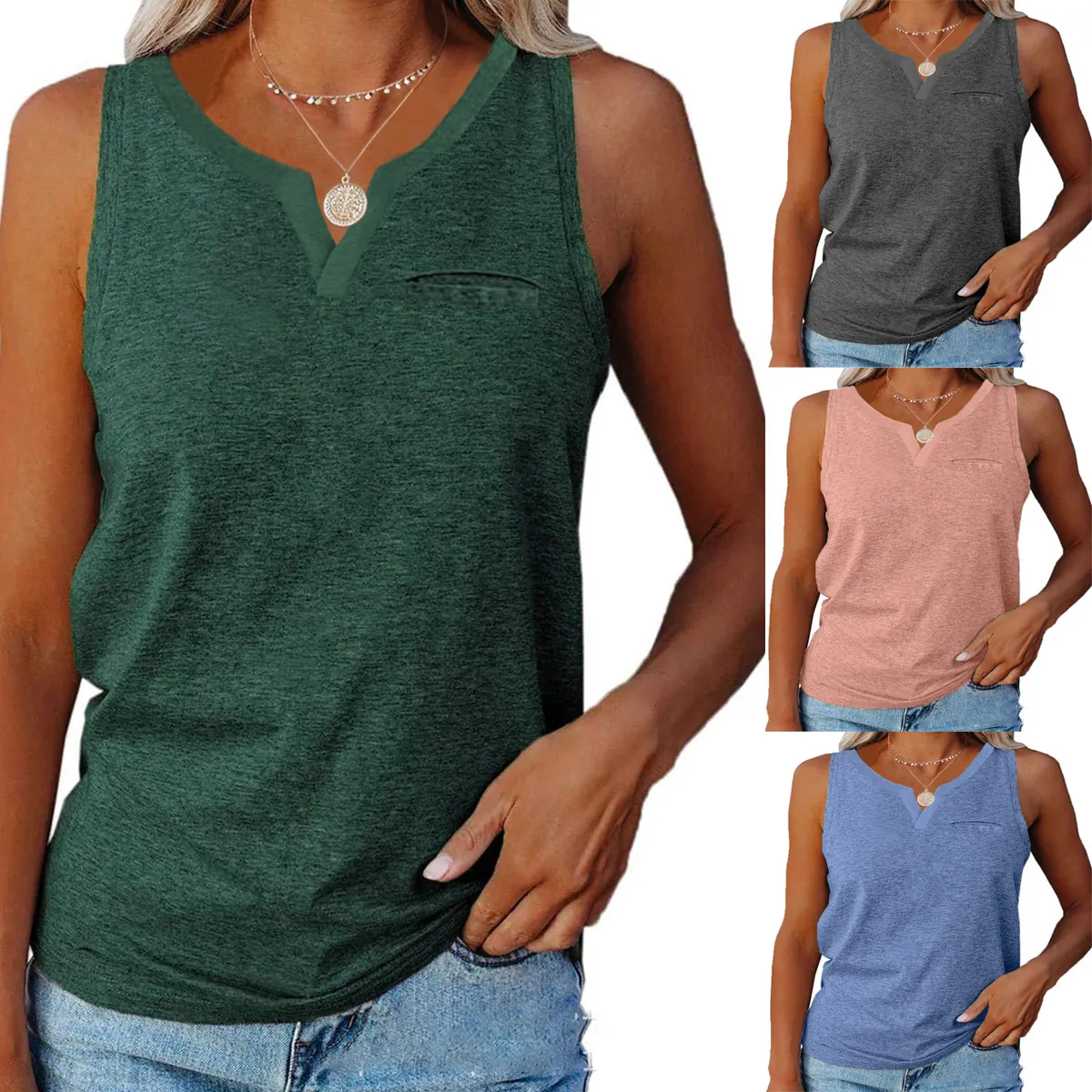 Women Casual V Neck Sleeveless Tank Top With Pocket Loose Summer Cotton Blend Solid Color Heathered Knit Vest Top