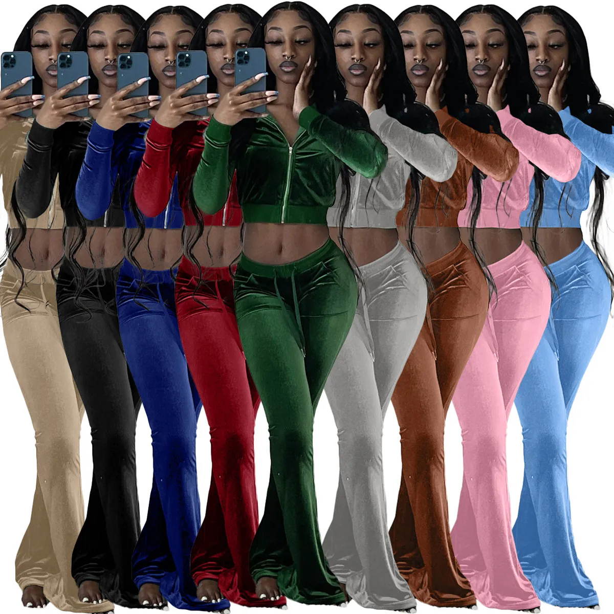 Women Velvet Two Piece Set Zip Up Crop Hoodie Top And Flared Pants Solid Color Matching Tracksuit Set For Women