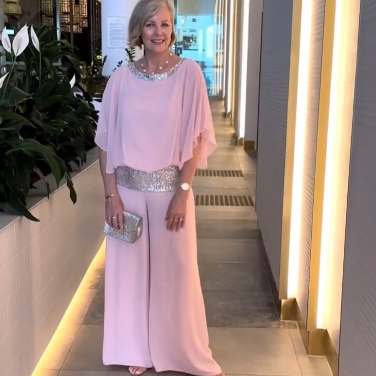 Women's Elegant Chiffon Two Piece Set Solid Color Batwing Sleeve Top And Wide Leg Pants With Sequin Embellishment Casual Party Suit
