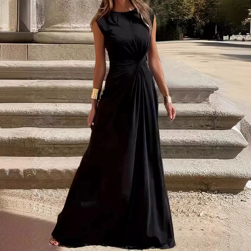 Women Elegant Round Neck Sleeveless Maxi Dress Twist Knot Waist Spliced Casual Party Evening Long Dress Polyester Clothing