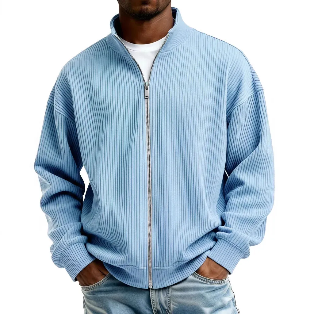Men's Full Zip Ribbed Hoodie Jacket Half High Neck Solid Color Loose Fit Casual Knitwear Sportswear Top