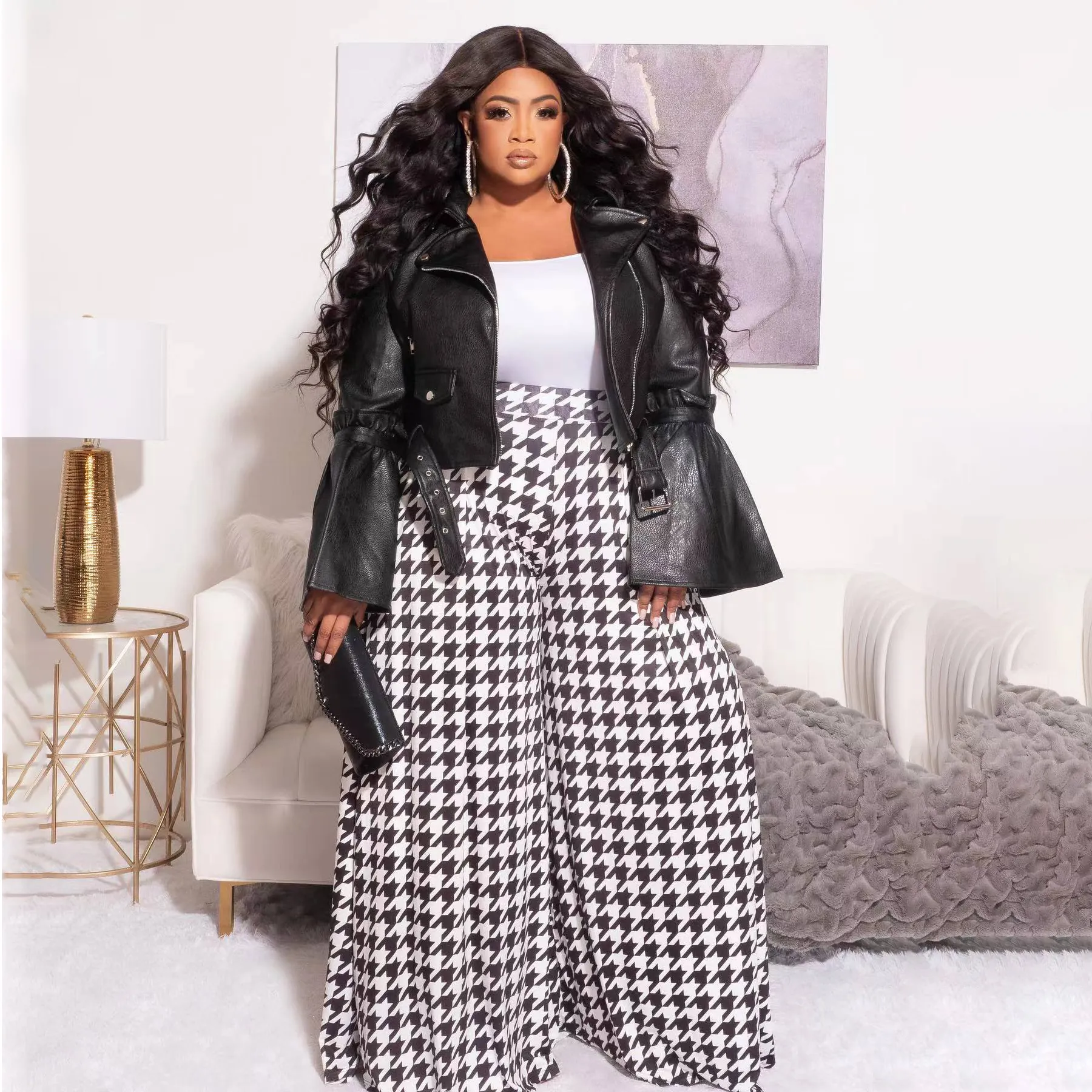 Women Plus Size Houndstooth Pants Set Polyester V-Neck Tie Waist Puff Sleeve Top High Waist Wide Leg Trousers Two Piece Set