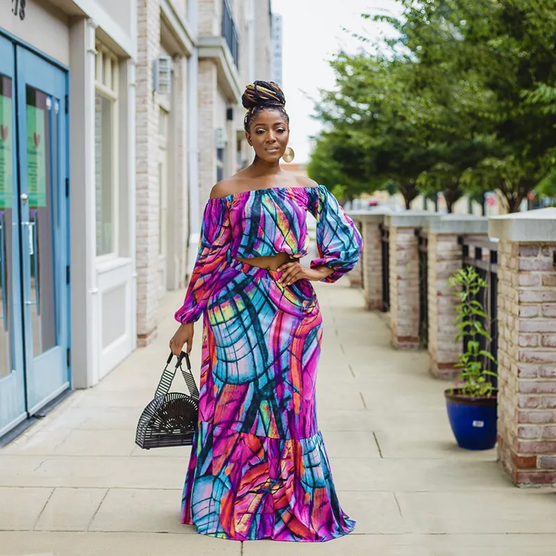 Women Plus Size Off Shoulder Top and Skirt Set Long Sleeve Abstract Print Bohemian Casual Summer Holiday Fashion Outfit