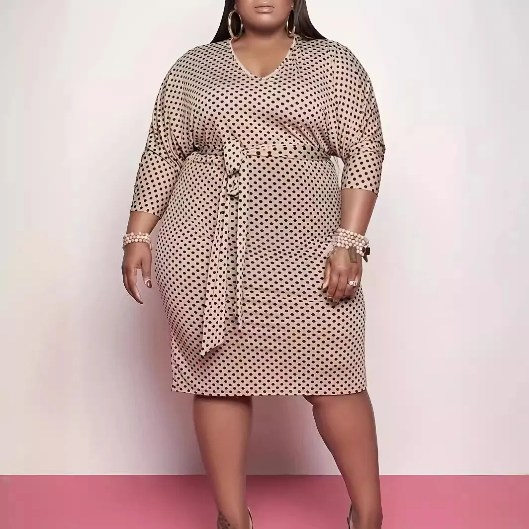 Plus Size Polka Dot Dress Women V Neck Three Quarter Sleeve Bodycon Midi Dress With Self Tie Waist Casual Party Office Dress