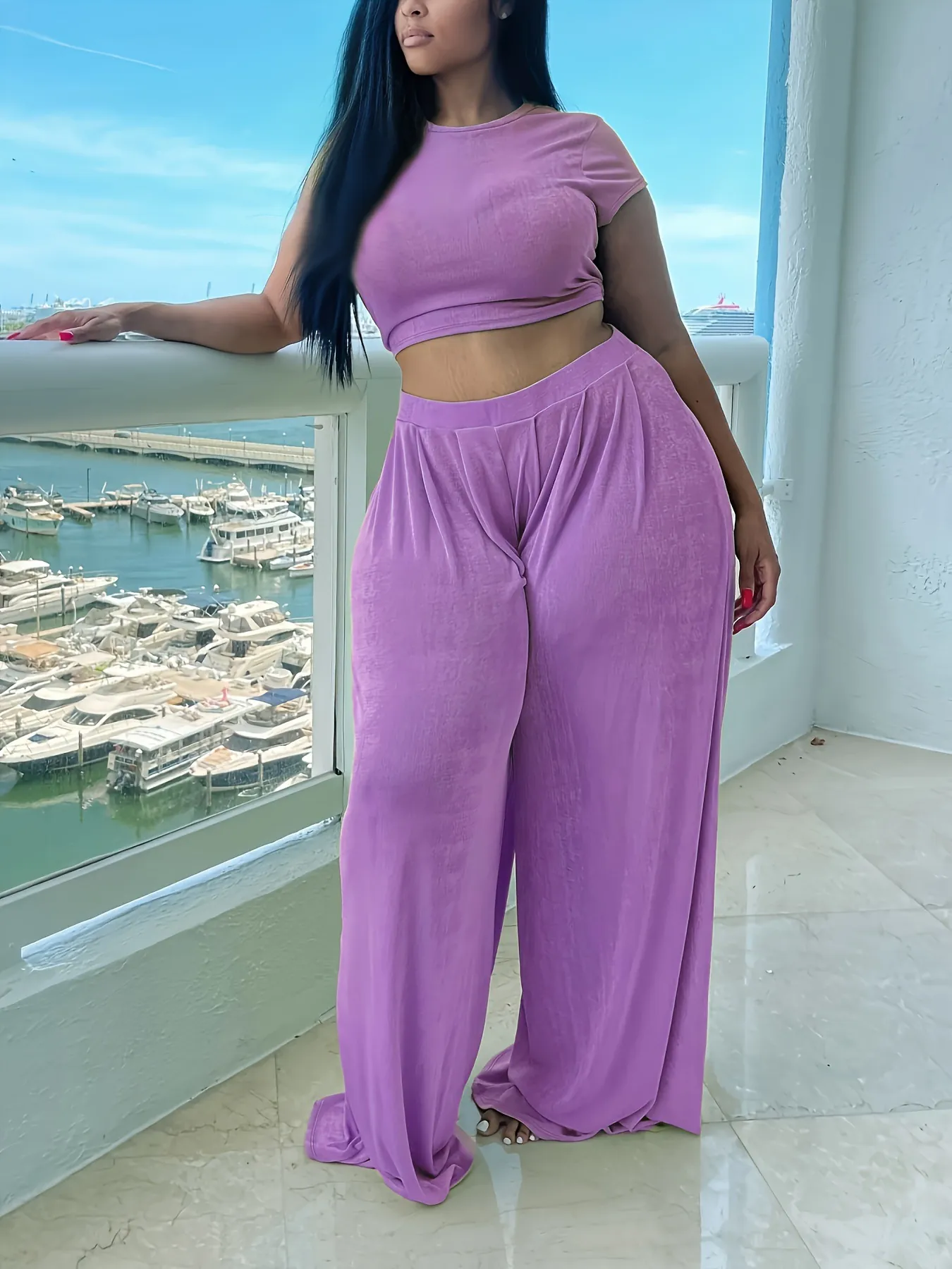 Women Plus Size Two Piece Set Textured Crop Top And High Waisted Wide Leg Pants Vacation Casual Loungewear Outfit