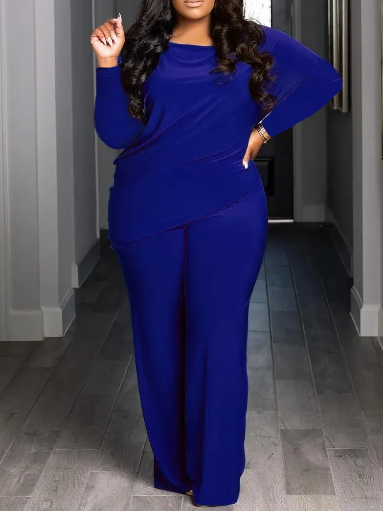 Women Plus Size Top And Bottom Set Asymmetric Hem Long Sleeve Top And Wide Leg Pants Solid Color Casual Lounge Outfit For Autumn