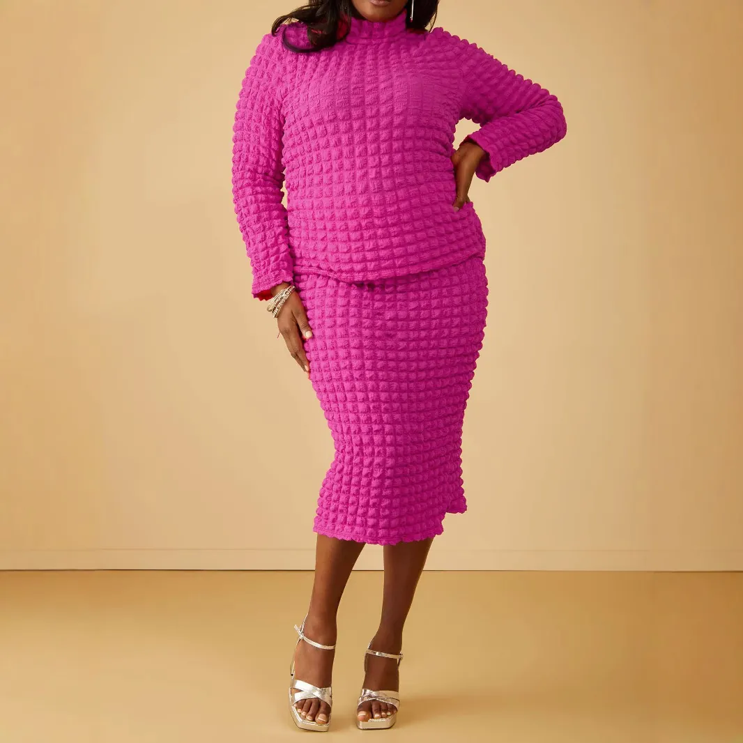 Women Plus Size Popcorn Fabric Skirt Set Mock Neck Long Sleeve Top And Midi Skirt Rose Red Textured Casual Outfit