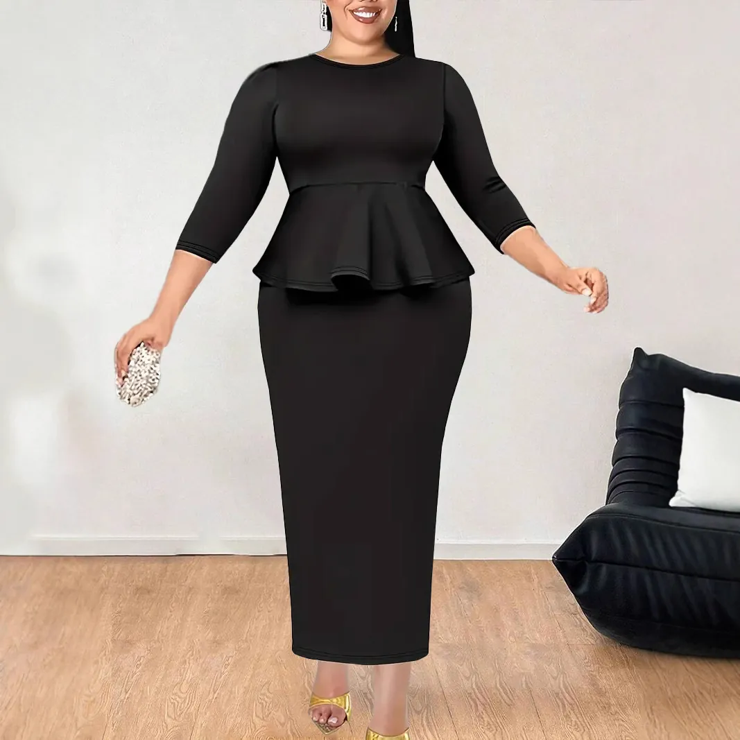 Women Plus Size Peplum Top And Bodycon Skirt Outfit Round Neck Three Quarter Sleeve Solid Color Elegant Business Apparel