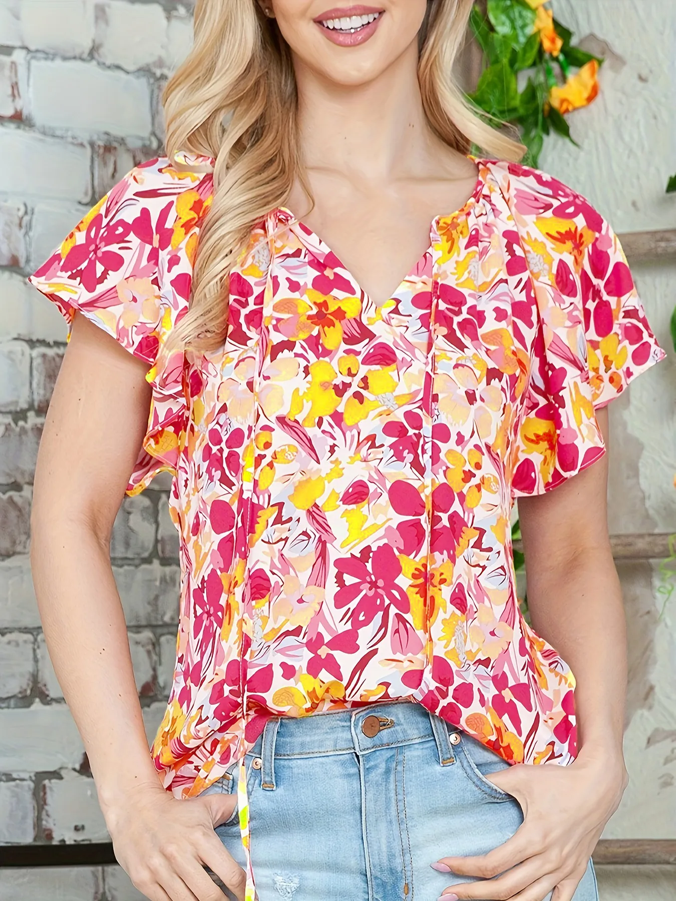 Women's V Neck Floral Print Ruffle Short Sleeve Blouse Casual Summer Tunic Top With Drawstring Neckline Pullover