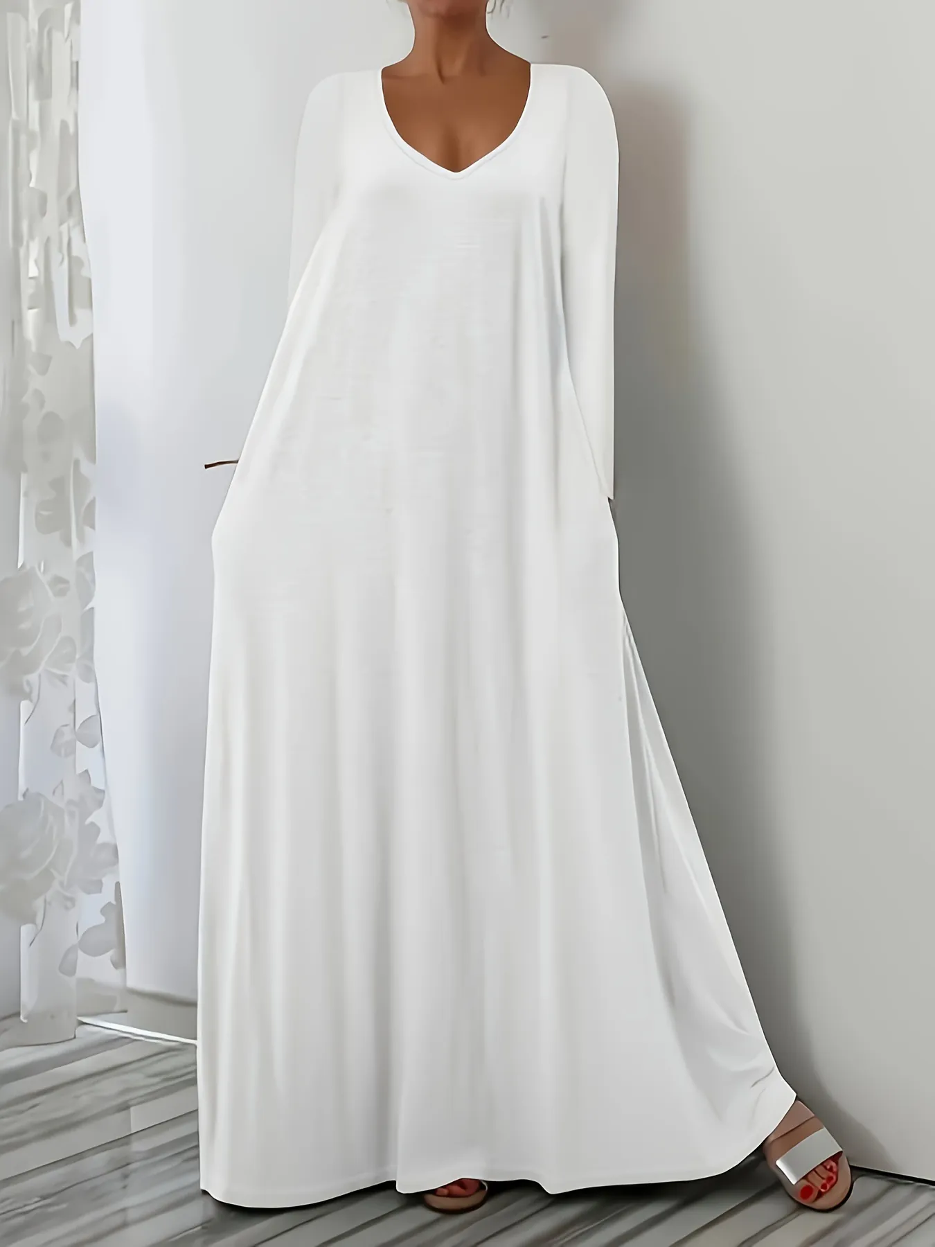 Women's Casual Loose Polyester Maxi Dress V-Neck Long Sleeve Solid Color Pocket A-Line Flowy Long Dress For Daily Vacation