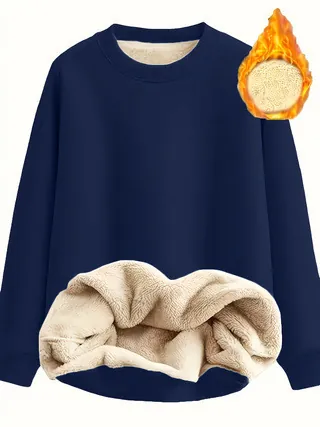 Women Plus Size Fleece Lined Sweatshirt Round Neck Long Sleeve Thick Warm Sherpa Lined Pullover Casual Winter Top